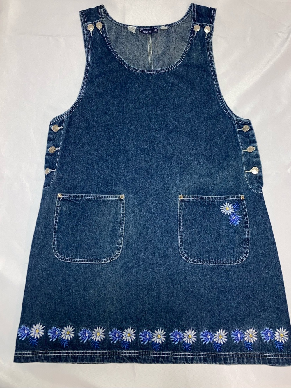 Denim Daisy Embroidered Midi Pinafore Dress - Blue - Picture 1 of 7